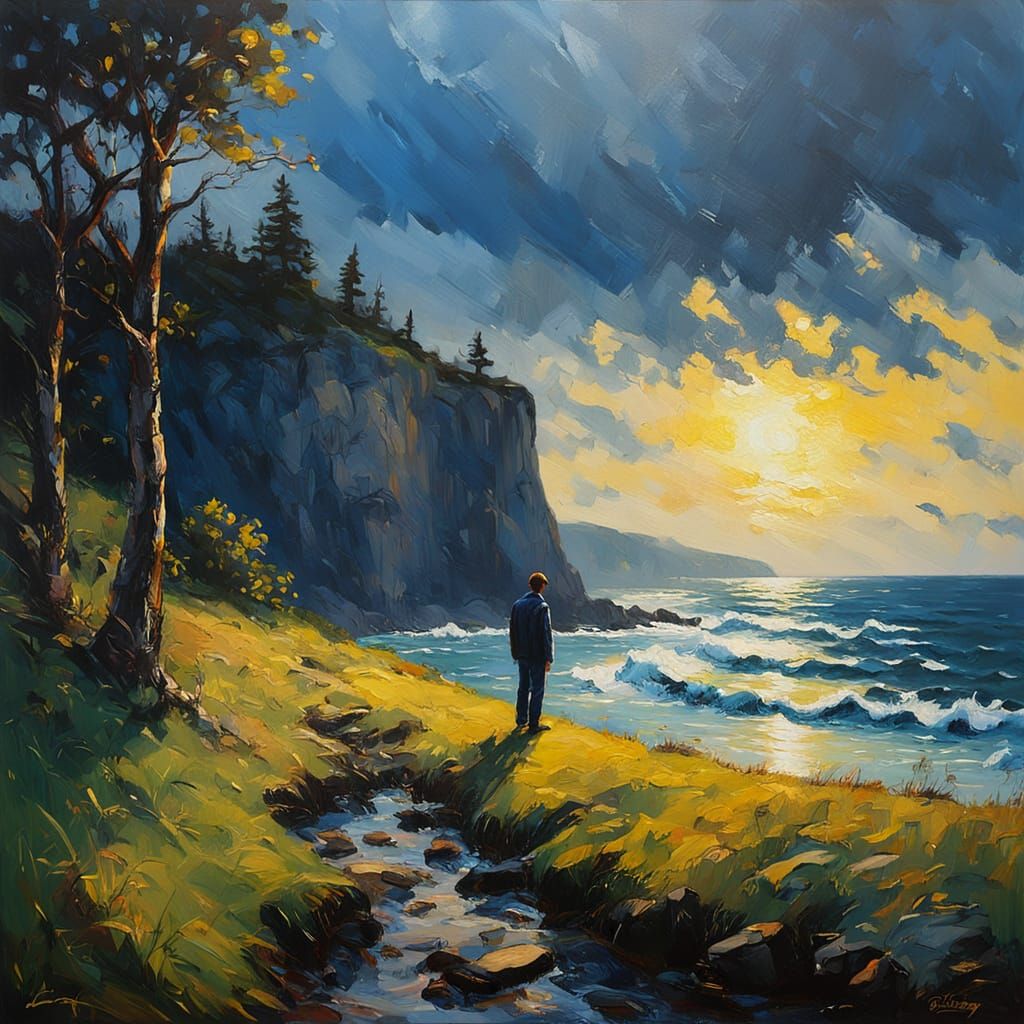 Dramatic Figure on Cliff in Oil Painting Style