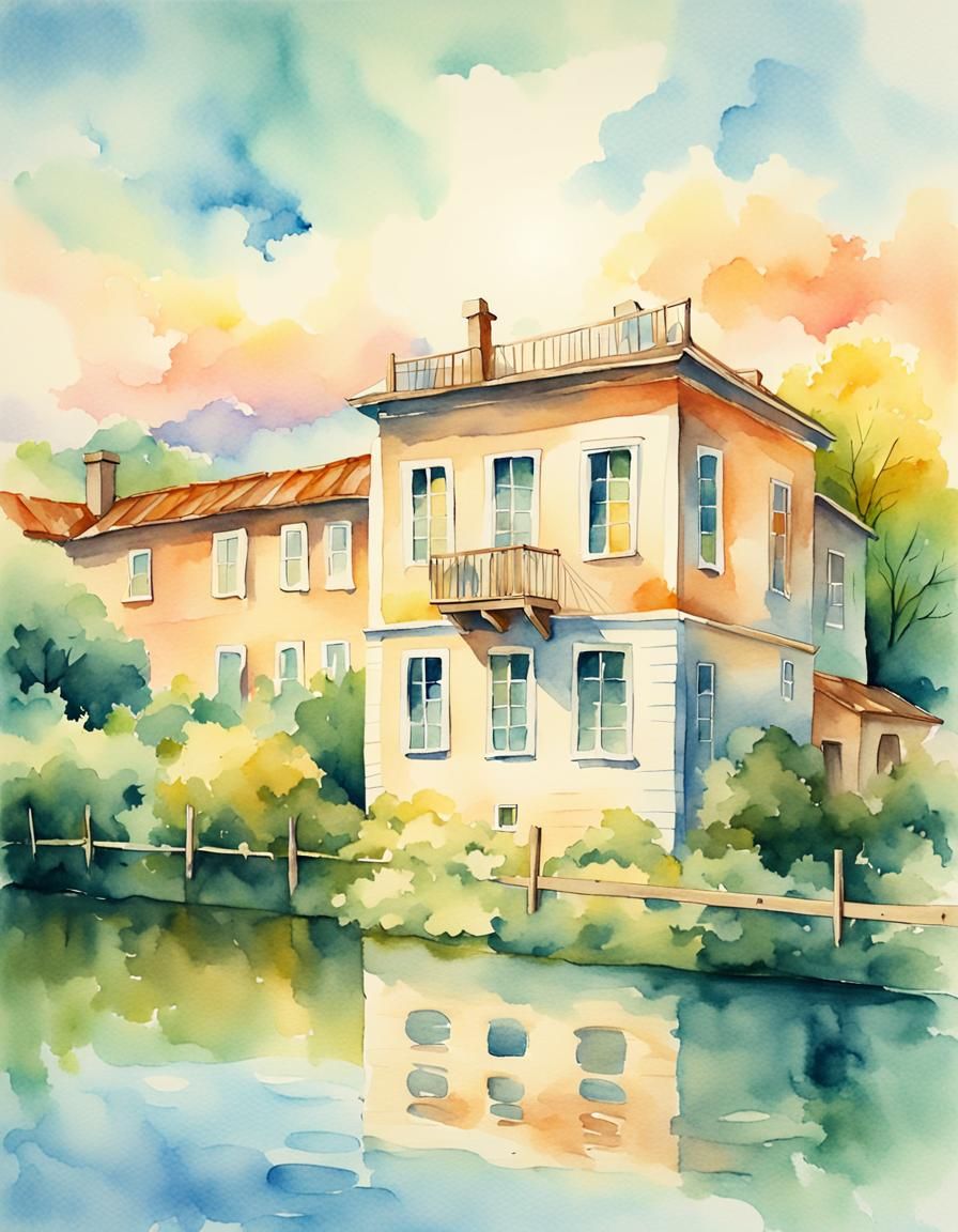 Watercolor House by River in Sunlight