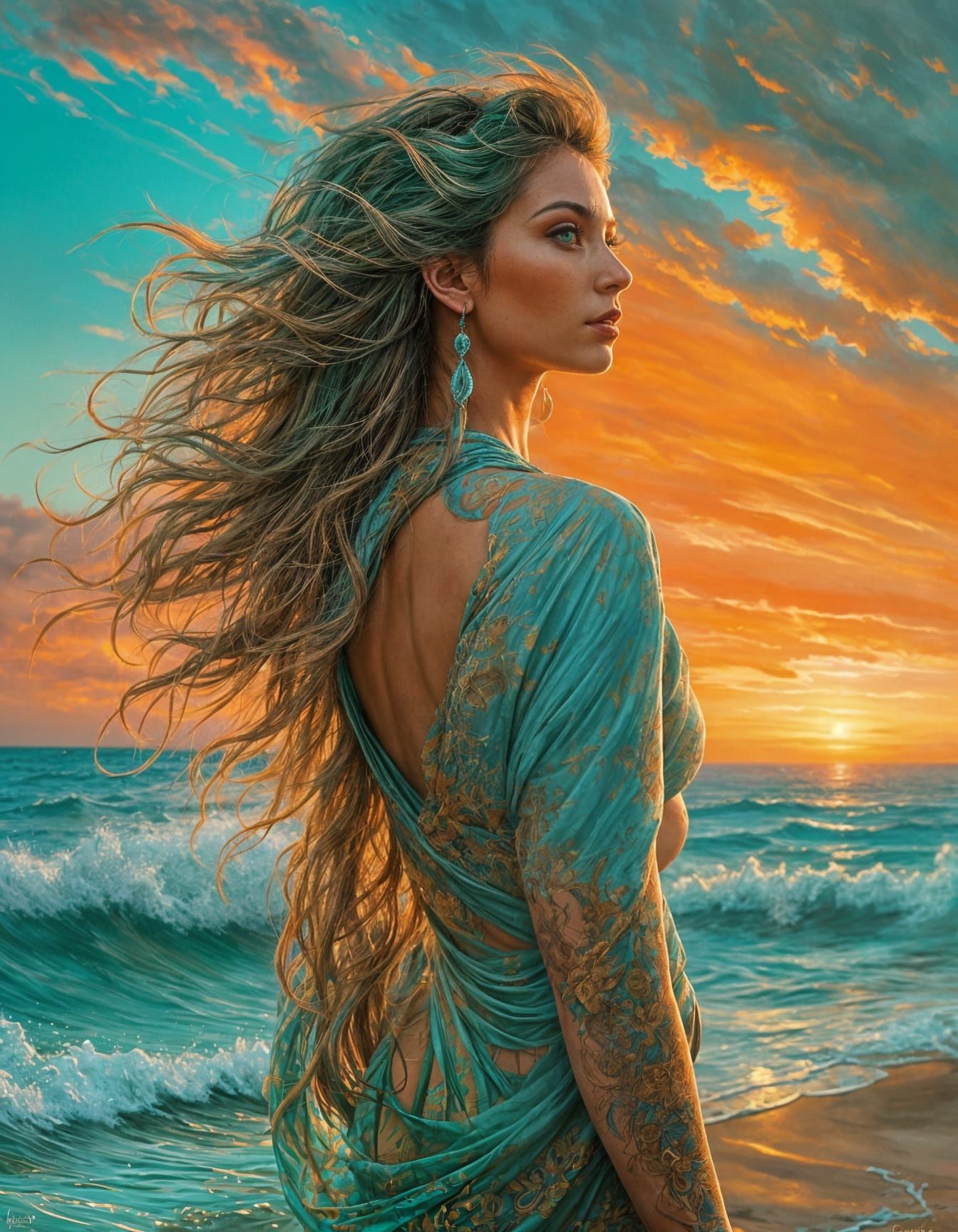 Turquoise Haired Woman Portrait with Sunset Background