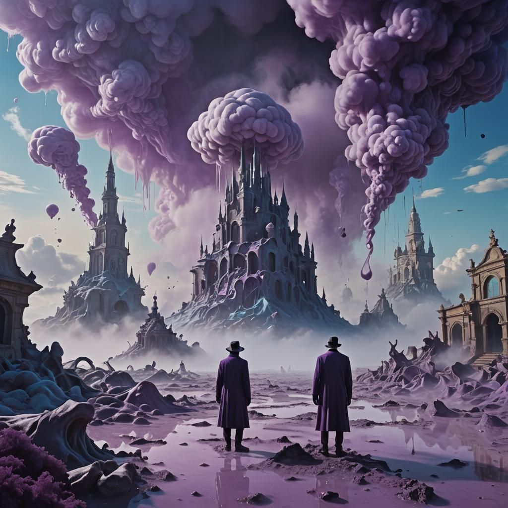 Surreal Mist Figure in Desolate Landscape