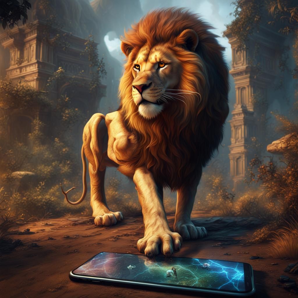 Lion Gamer: Detailed Matte Painting in Deep Color