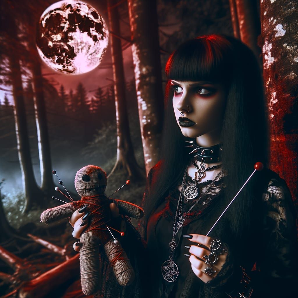 Goth Girl with Voodoo Doll Under Blood Moon