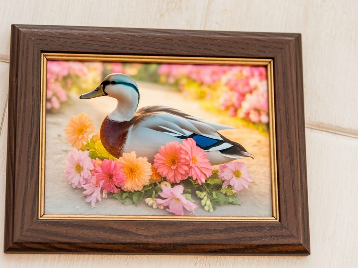 Duck Among Flowers in Sunlit Garden