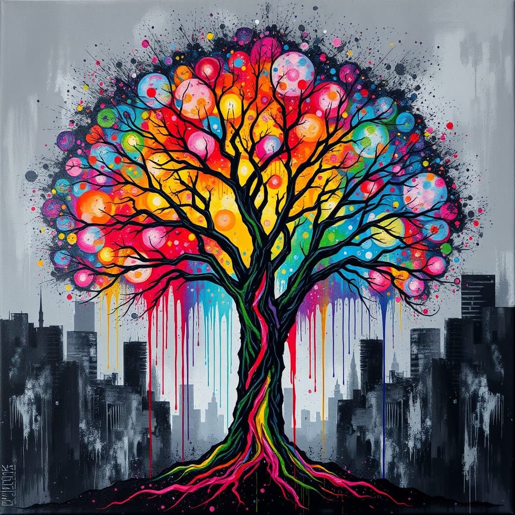 Rainbow Graffiti Tree with Acrylic Pour Canopy