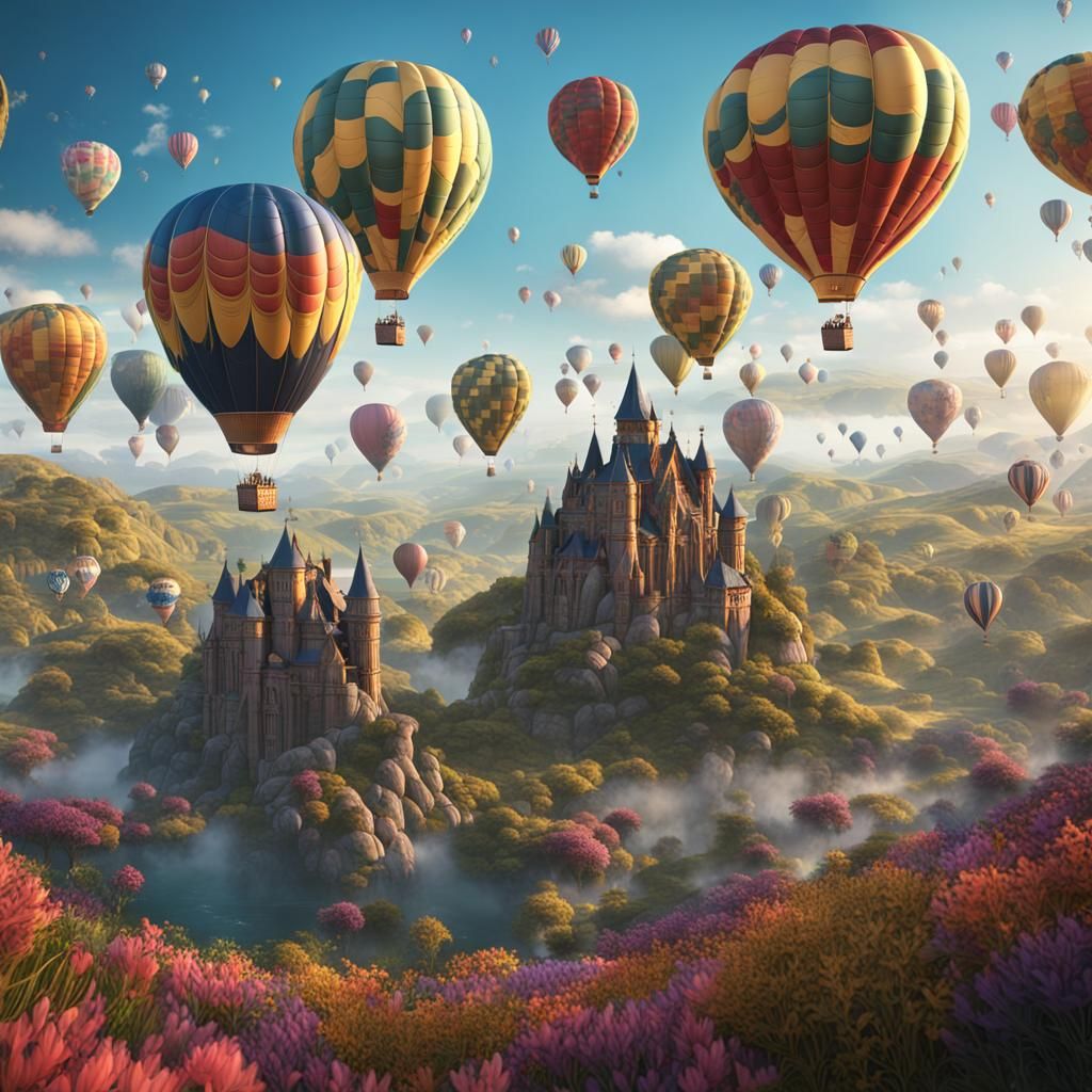 Fantastical Hot Air Balloons in Spring Landscape