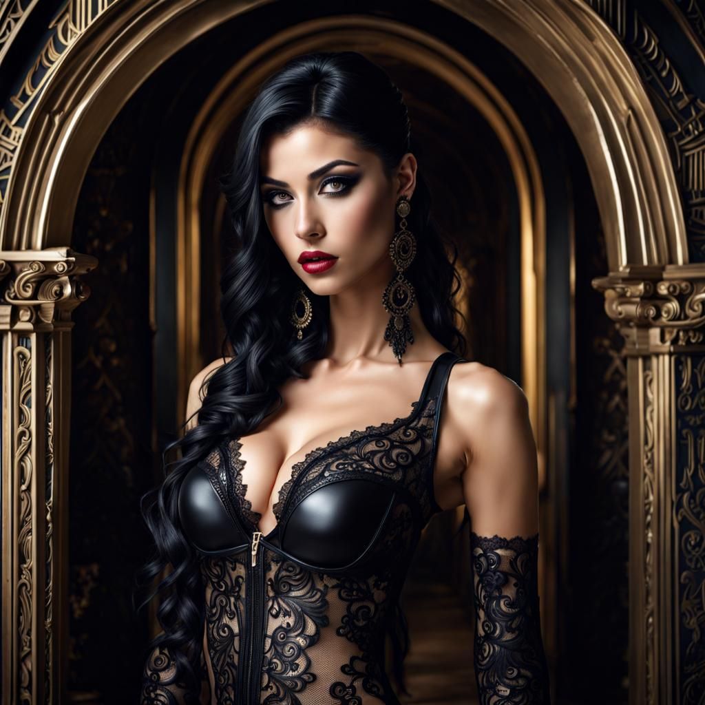 Greek Goddess in Black Latex Lingerie, Gothic Art