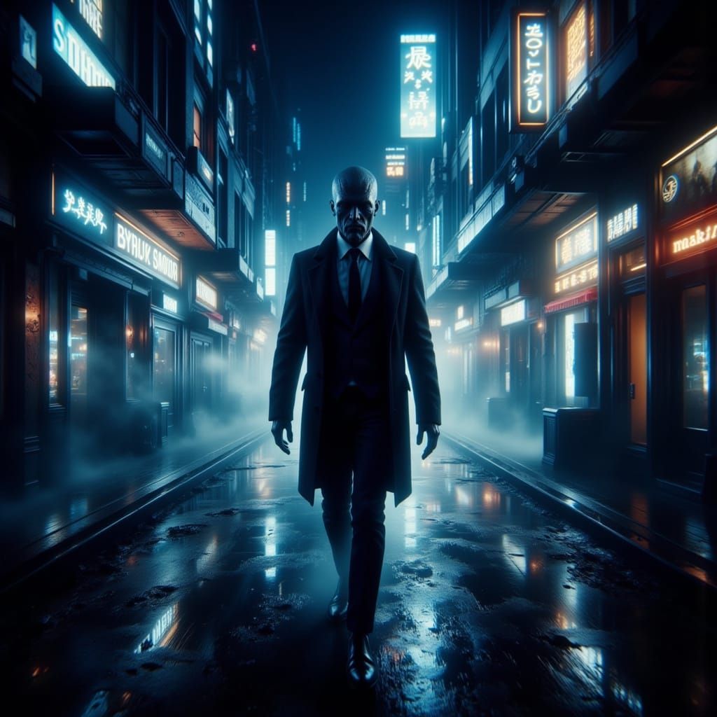 Faceless Man Walks in Glowing Cyberpunk City