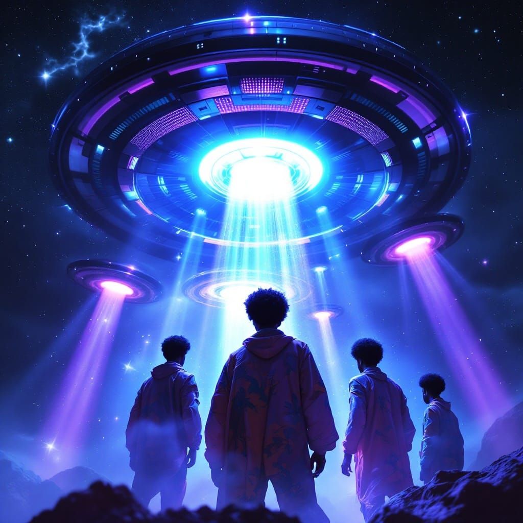 UFO Abduction of Men with Afros in Retro Style