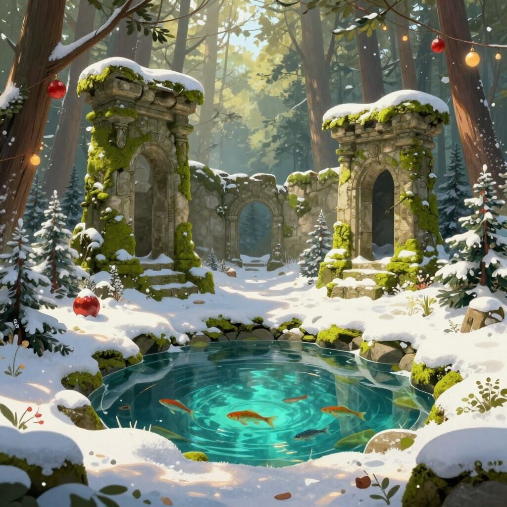 Christmas Forest Ruins with Turquoise Pond