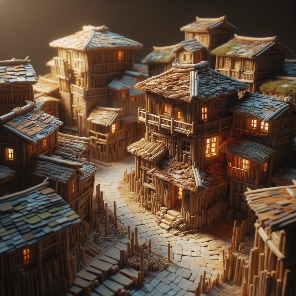 Hand-Carved Miniature Wooden Village in Hyperrealistic Style