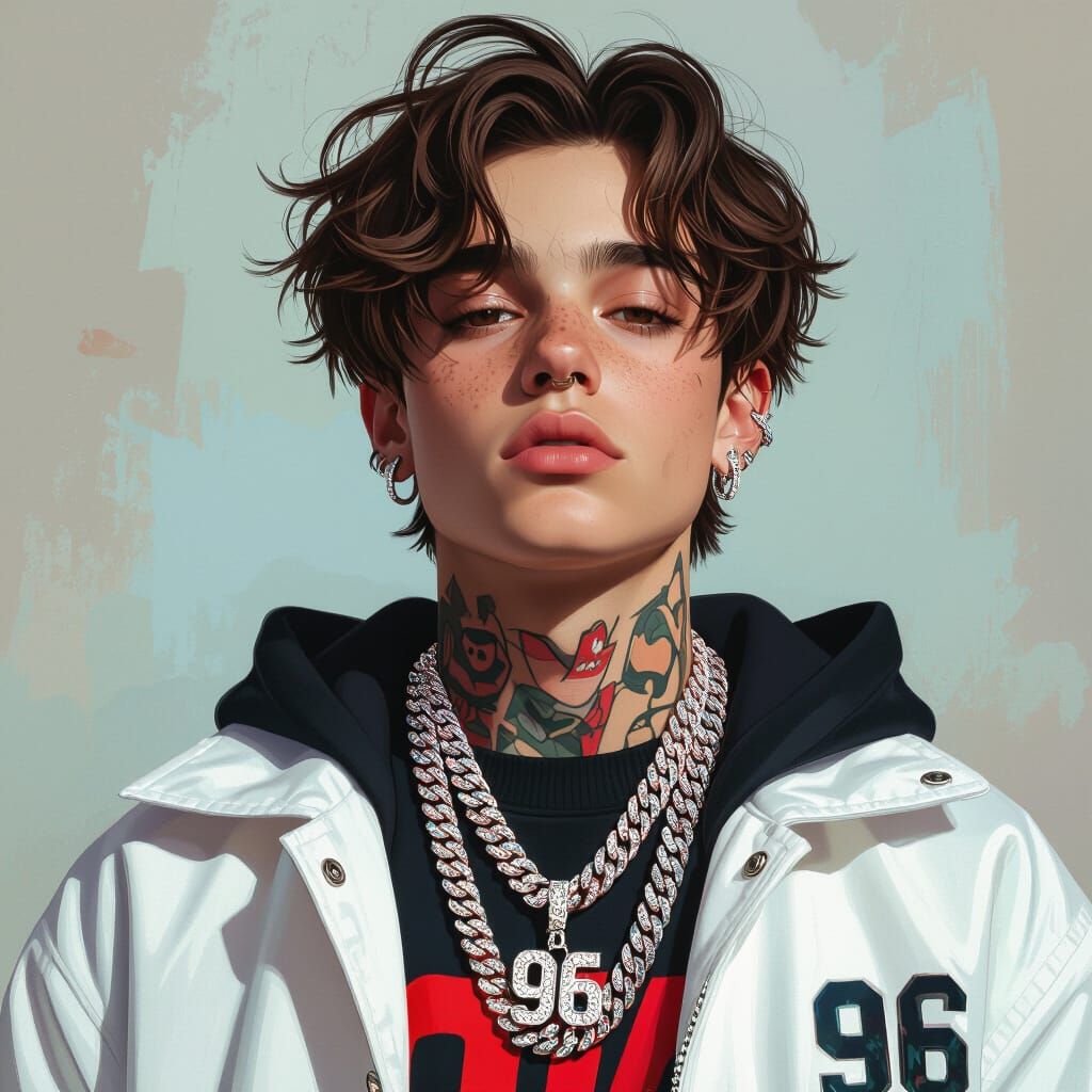 Teen with Neck Tattoo and Chains, Gritty Realism Style