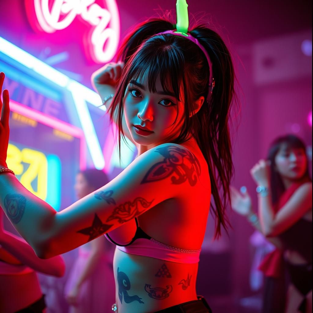 Energetic Japanese Rave Girl in Cyberpunk Neon Dreamscape