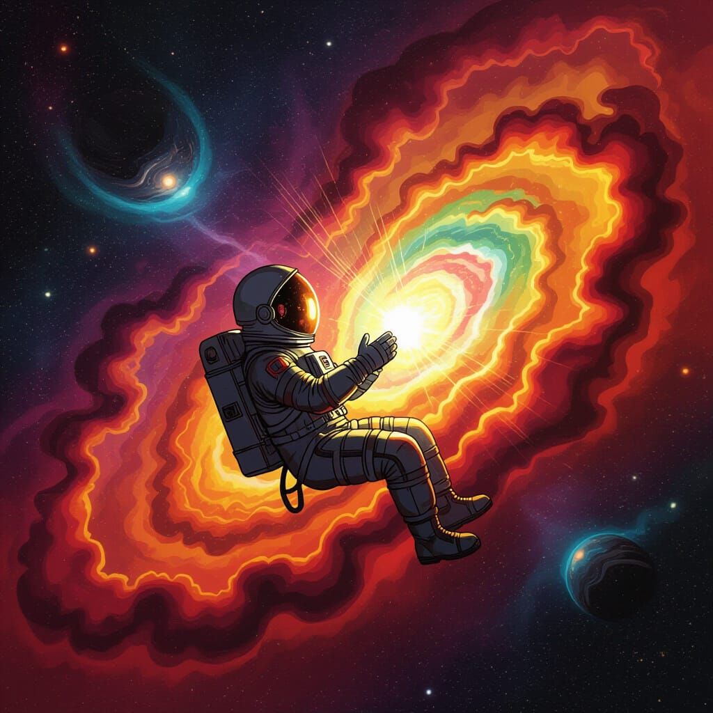 Astronaut Adrift in Nebula with Glowing Artifact