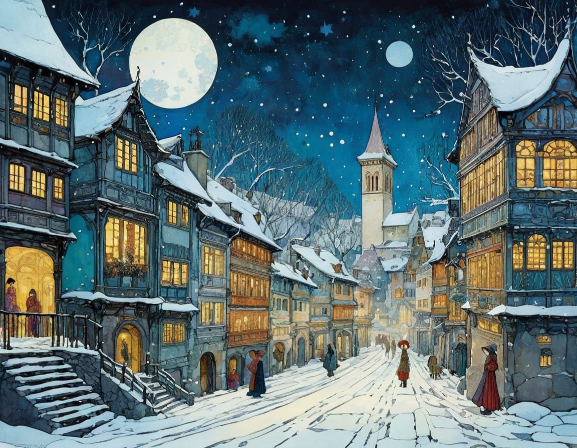 Winter Scene in Art Nouveau Style