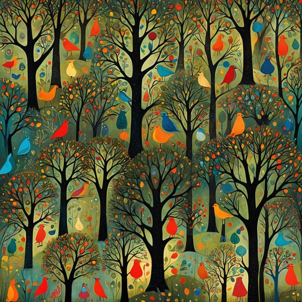 Enchanted Wood: A Whimsical Folk Art Landscape