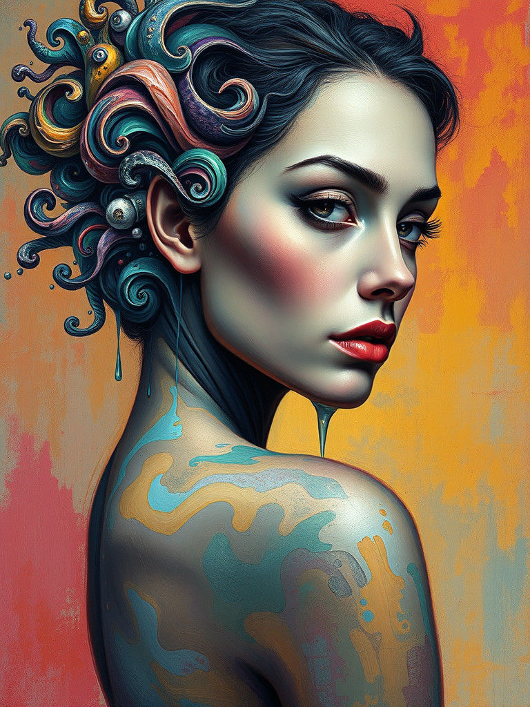 Surreal Portrait with Swirling Patterns in Dreamscape