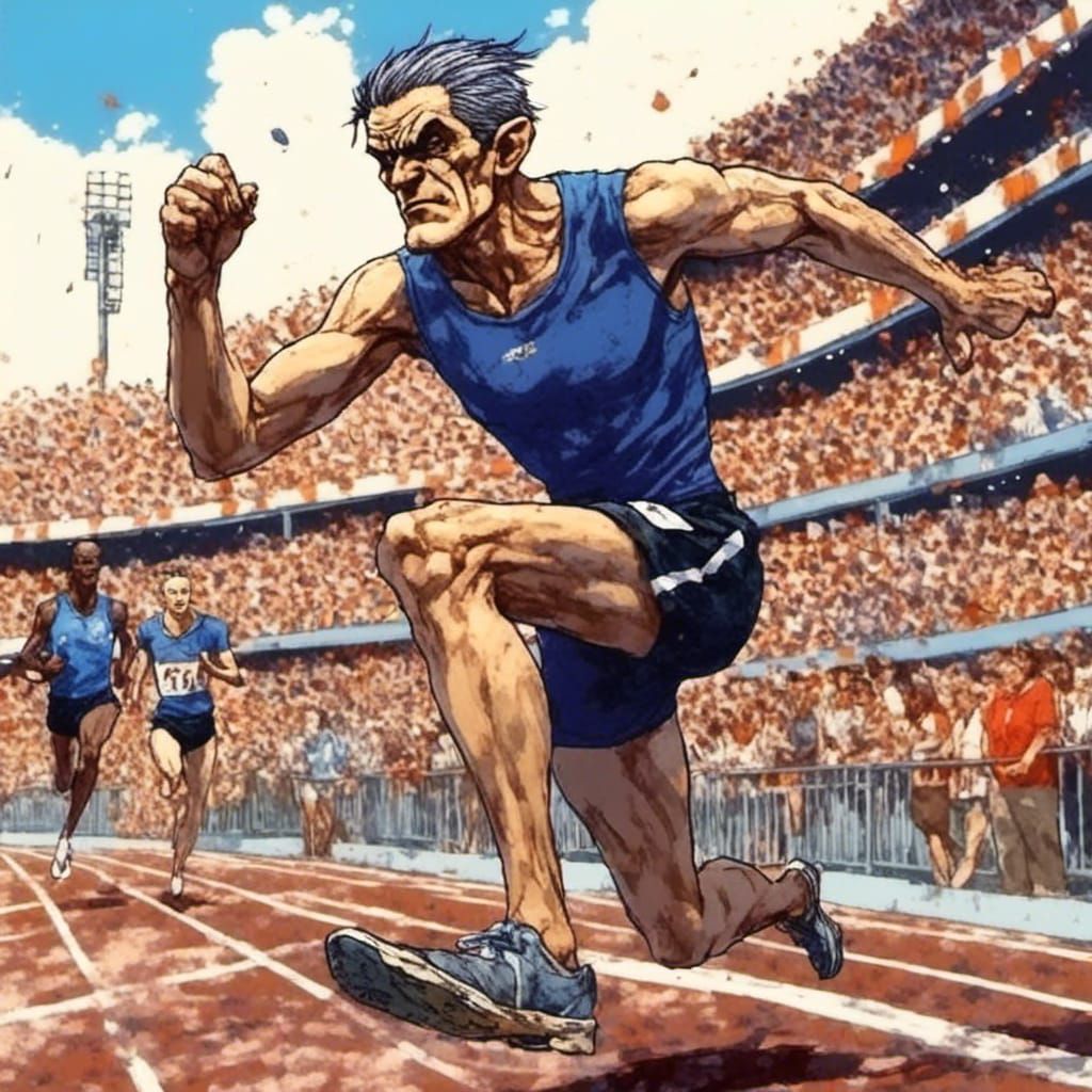 portrait of <lora:My Face:1.0> as an Olympic sprinter, stadium crowd cheering, exiting vibrant, by artist "anime", Anime...