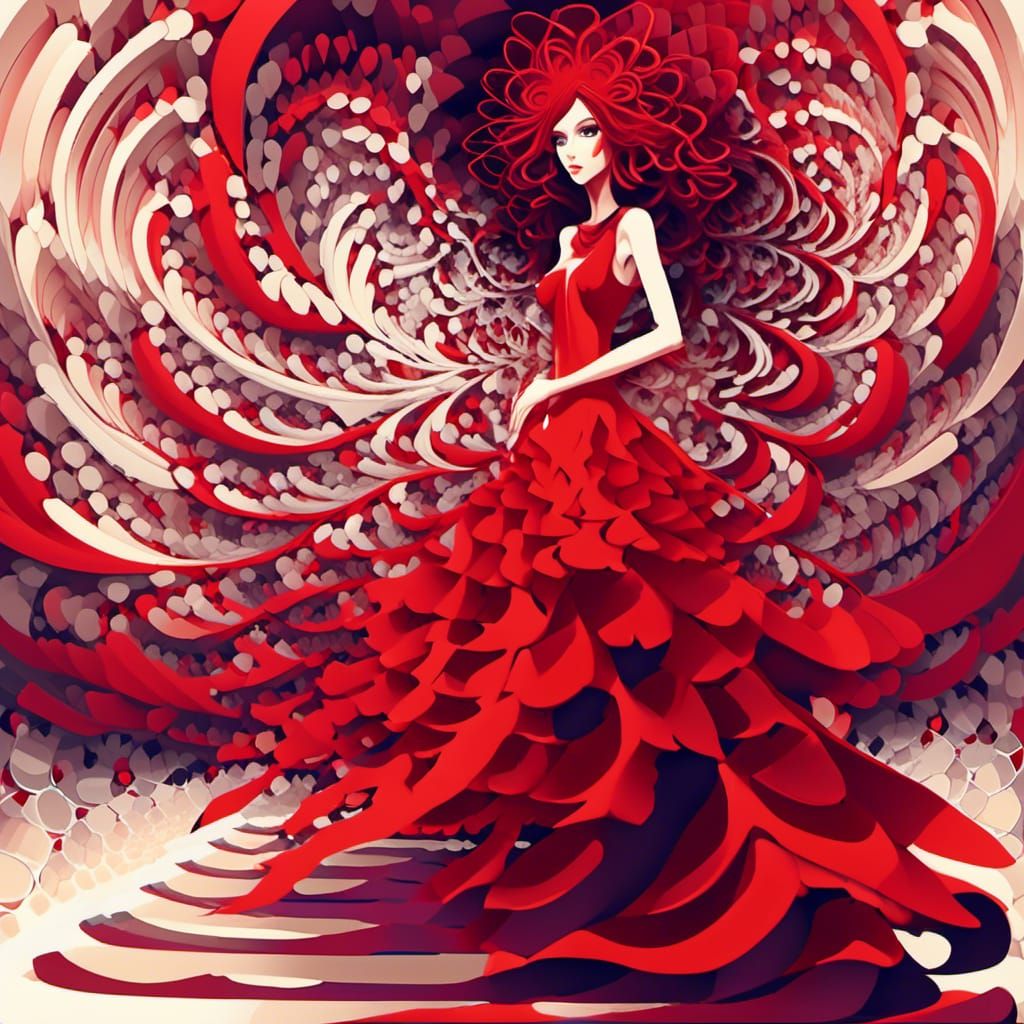 Brunette in Red at Bar with Fractal Shading