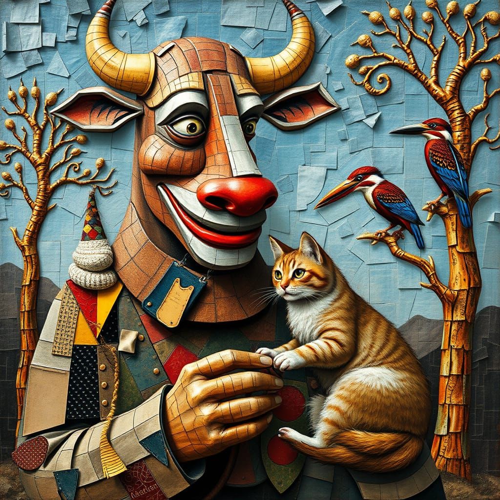 Surreal Figure with Mixed Materials Body, Knitting a Cat