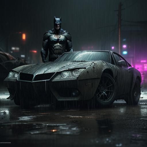 Batman in Wasteland with Post-Apocalyptic Car