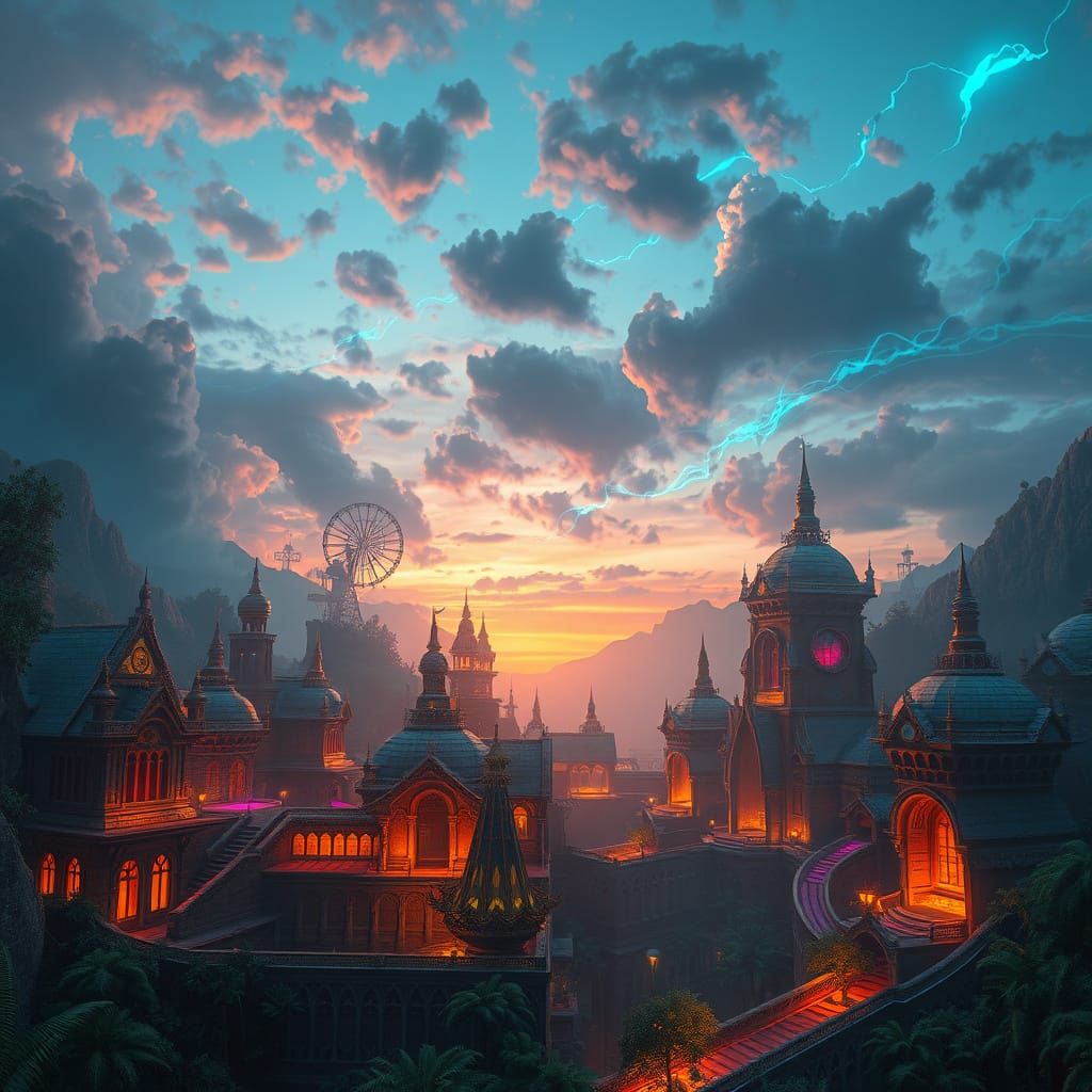 Golden Dreamscape at Dusk in Futuristic Neon Style