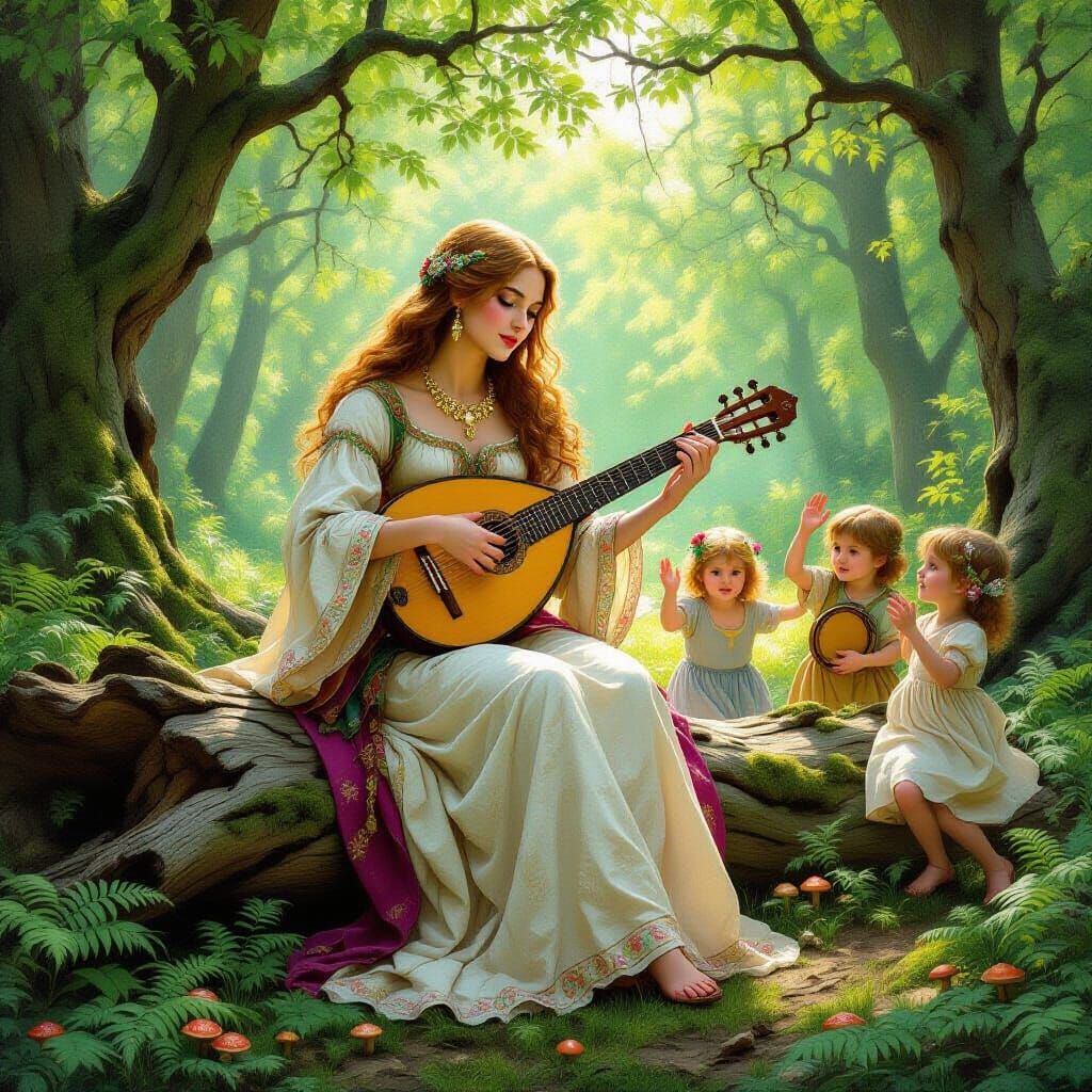 Medieval Woman Plays Lute in Forest Glade, Pre-Raphaelite St...