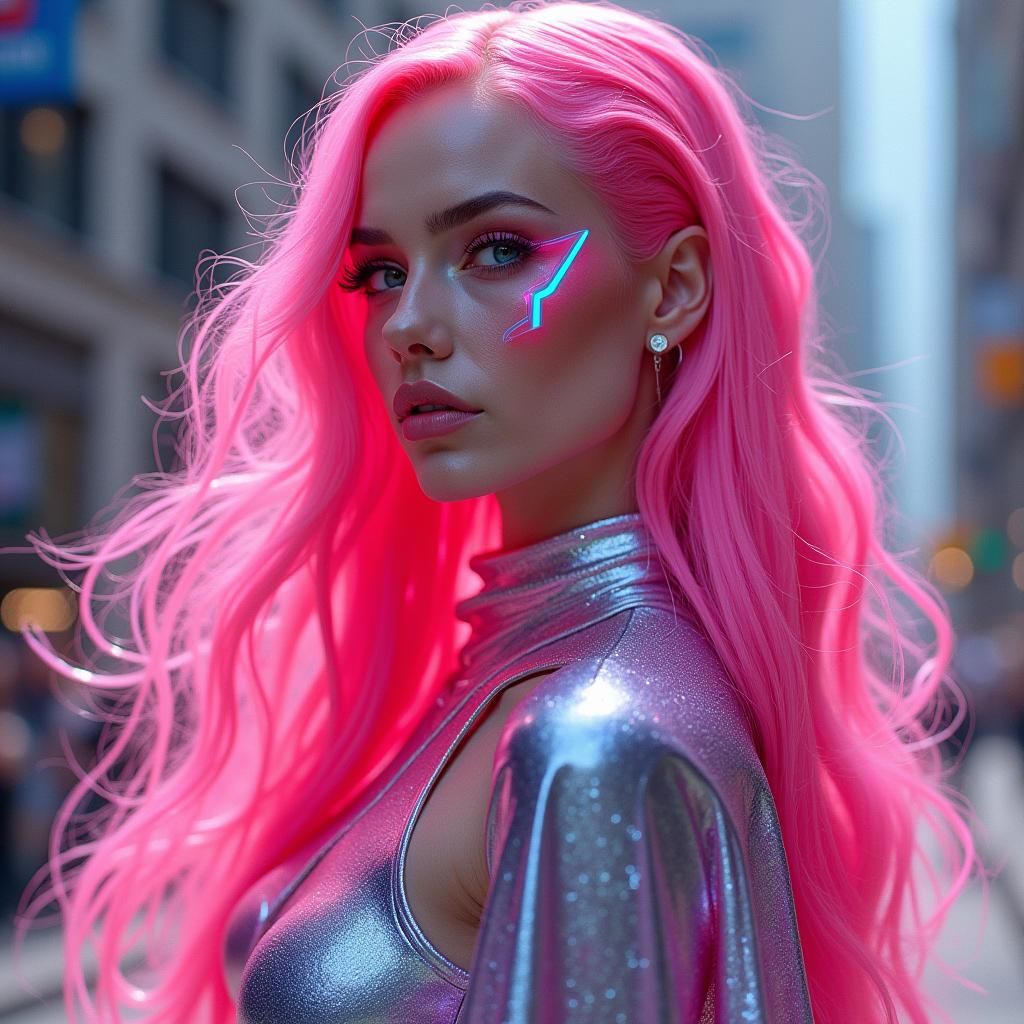 Futuristic Girl with Pink Hair and Neon Makeup