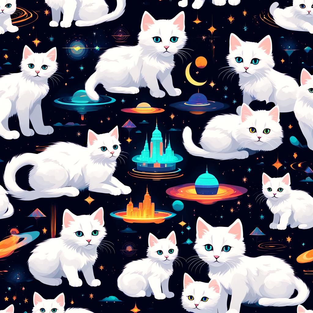 Futuristic Fluffy White Kittens with Dynamic Lighting
