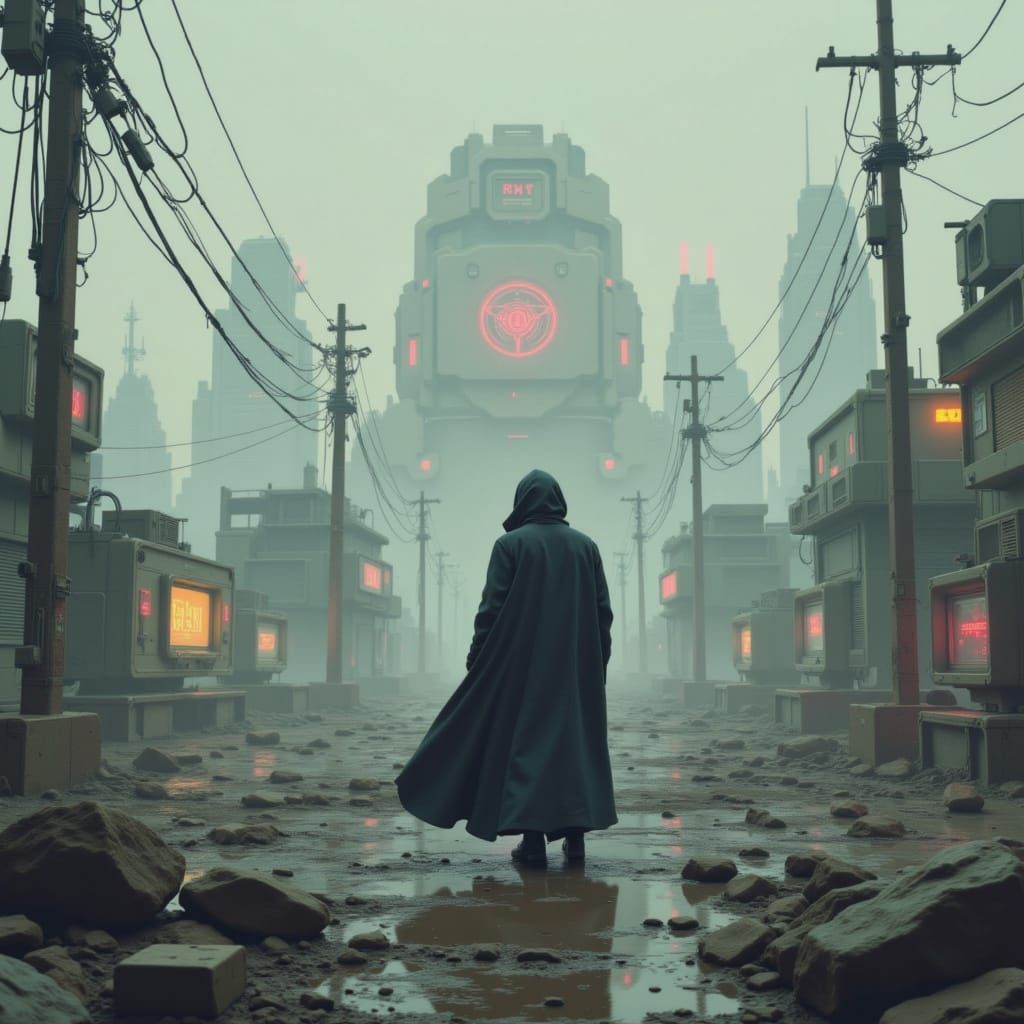 Mysterious Figure in Dystopian Cyberpunk Cityscape