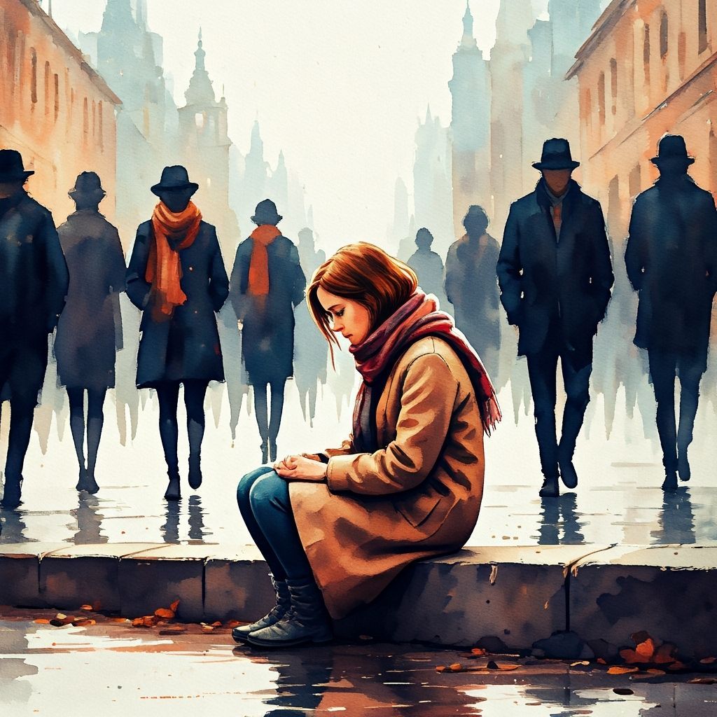 Solitary Woman in Watercolor Cityscape