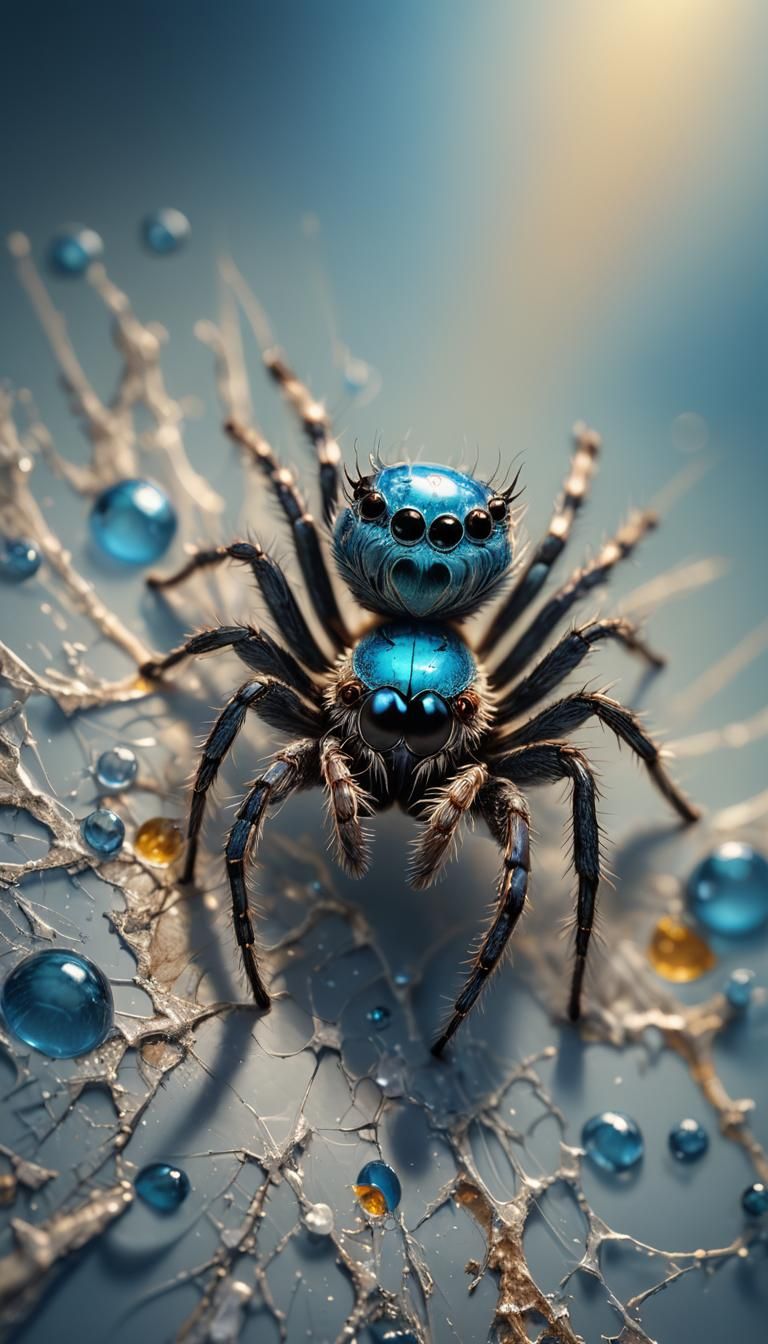 Macro Photo of a Cute Blue Spider on Finger