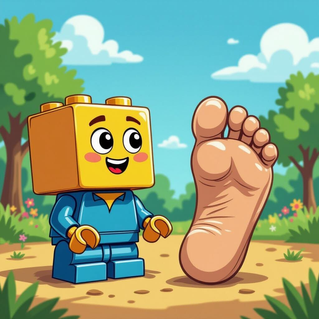 Lego Brick and Bare Foot as Unlikely Friends in Cartoon Styl...