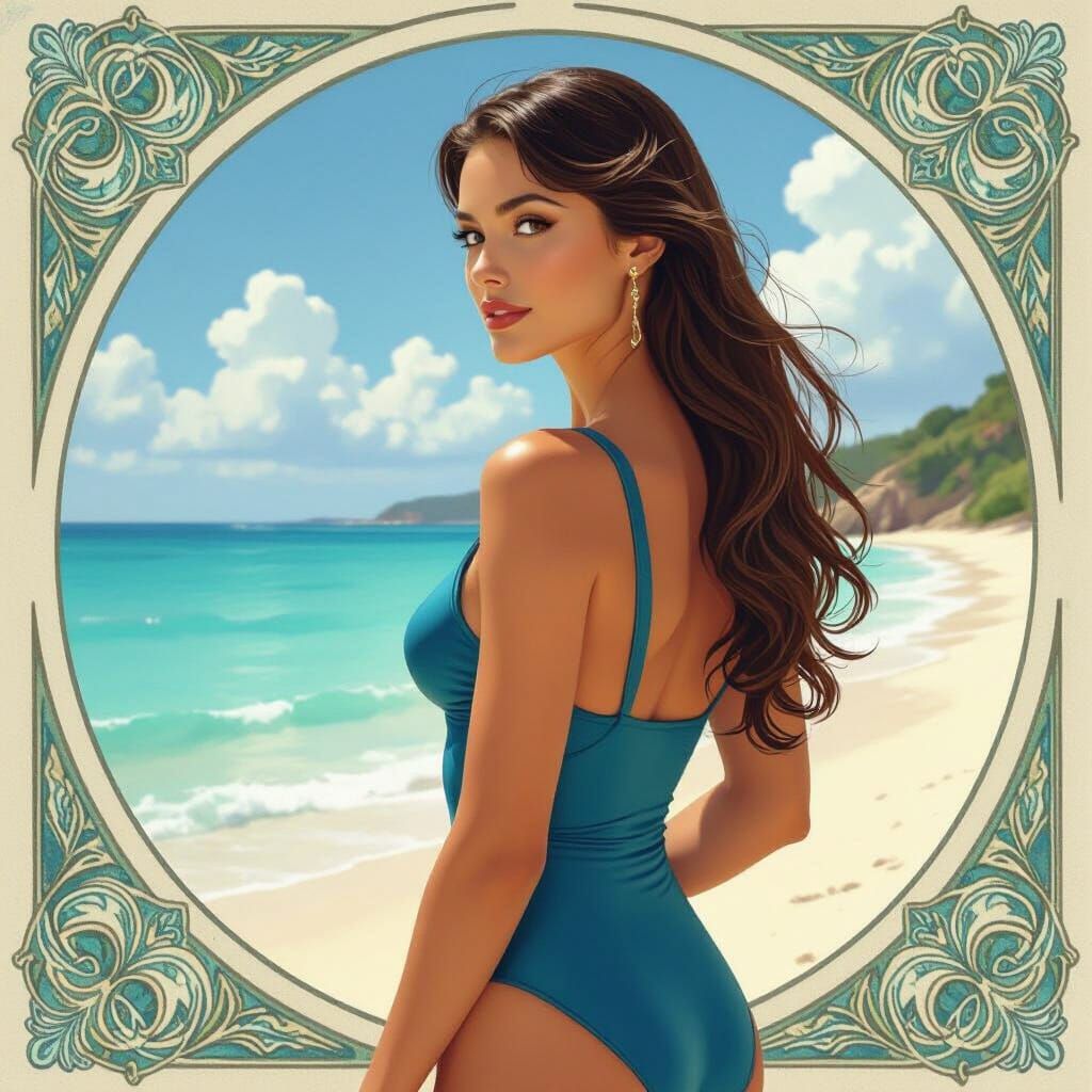 Elegant Woman on Beach in Art Nouveau Style