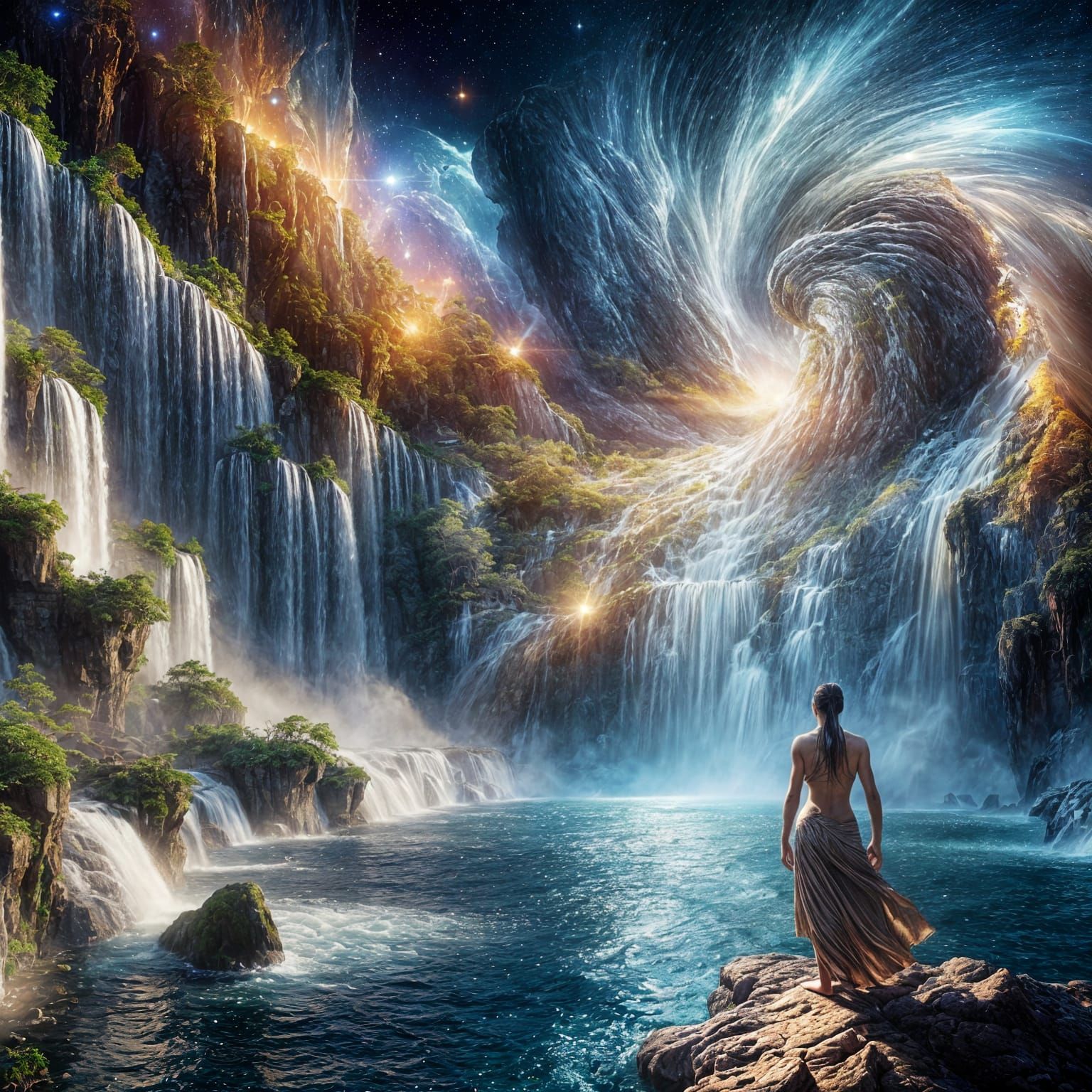 Ethereal Waterfall Weaving Tales of Time in Cosmic Setting