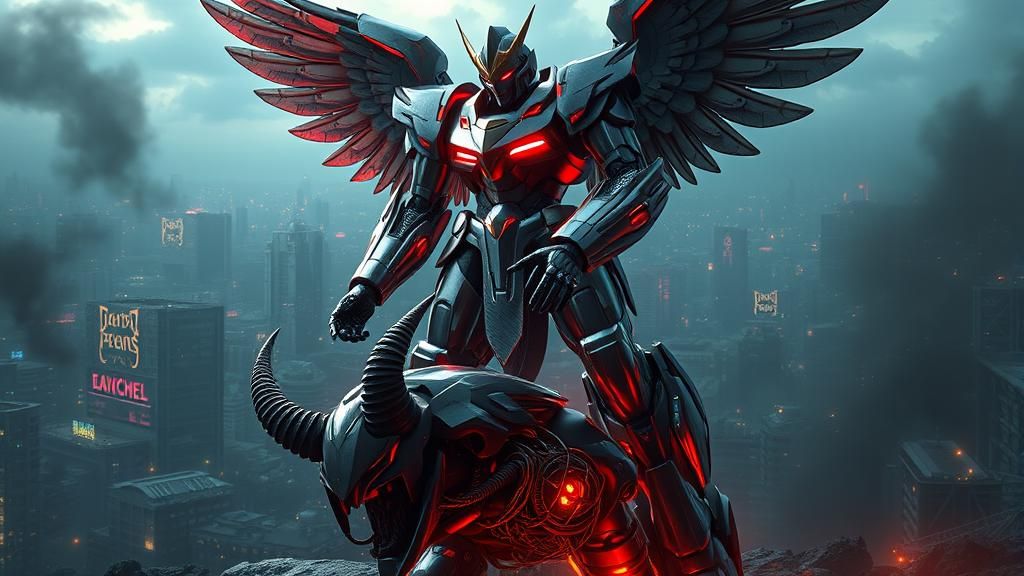 Colossal Mech Saint Michael in Ruined Cityscape