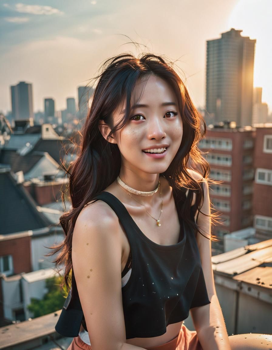 Anime Oil Painting of Korean Woman on Rooftop