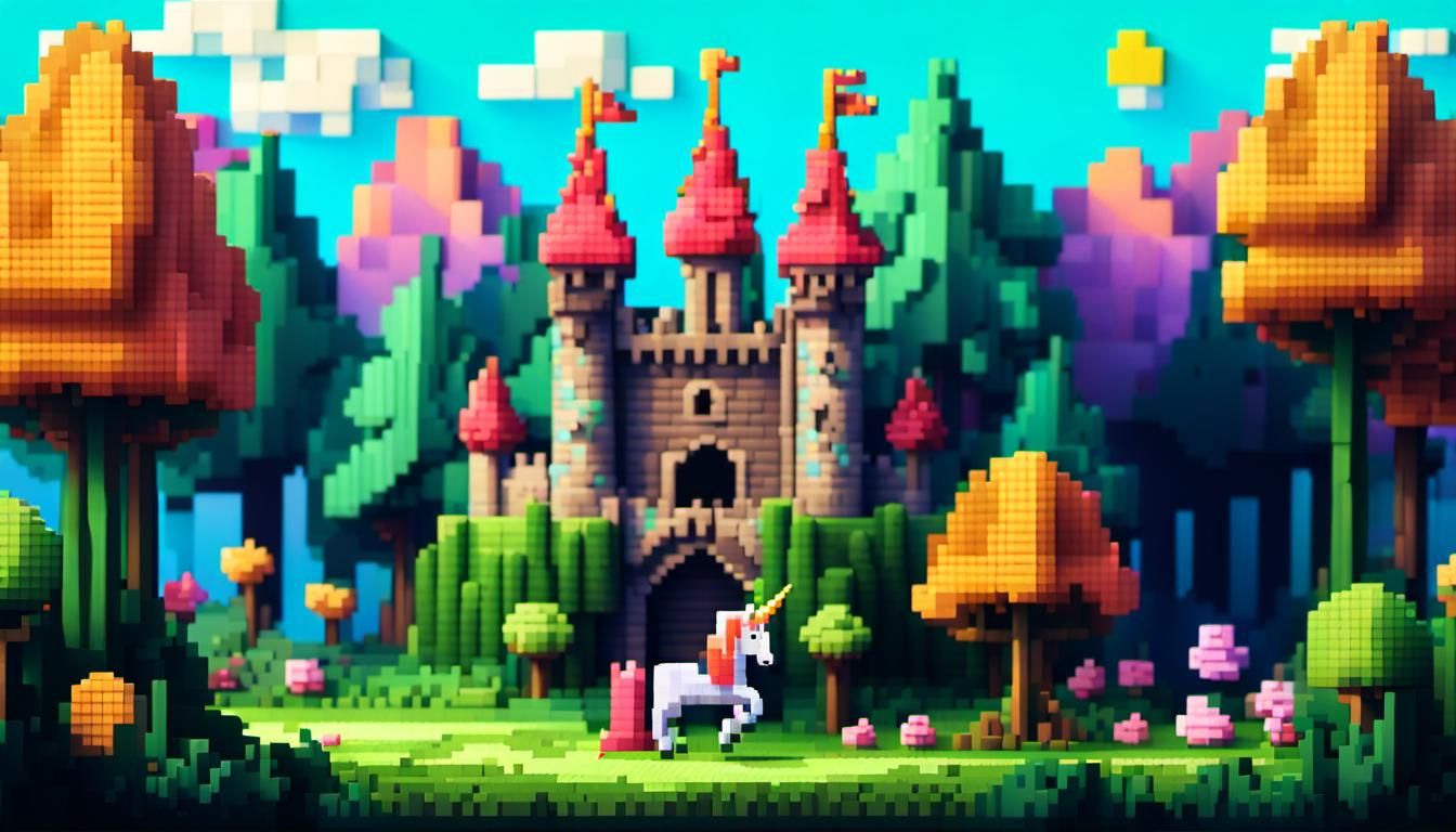 Princess and Unicorn in Pixel Art Forest