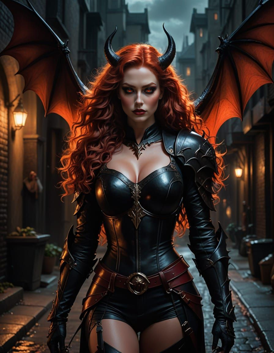 Elegant Demon Lady Unveiled in Dark Red Glow