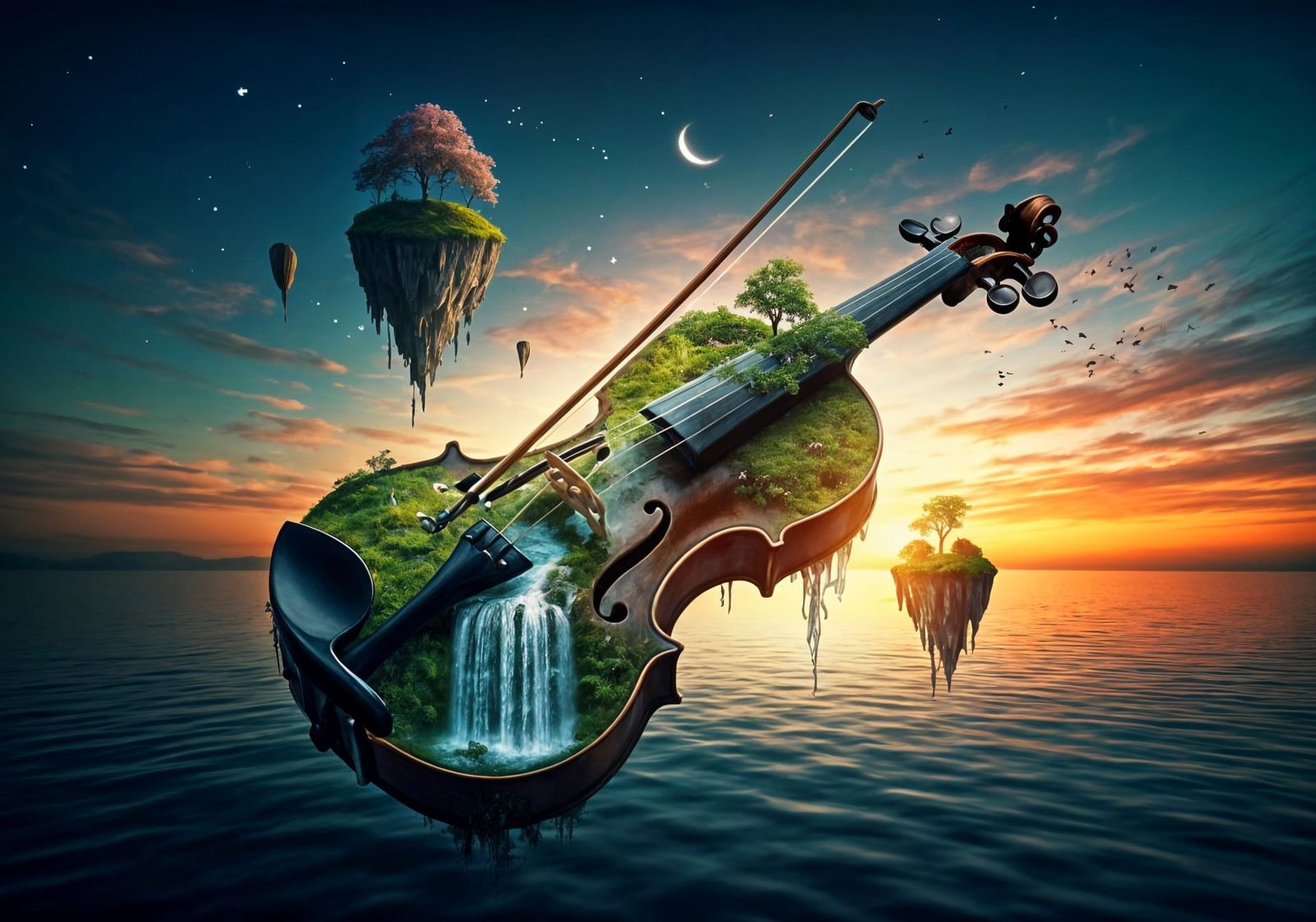 floating violin in a sunset fantasy landscape