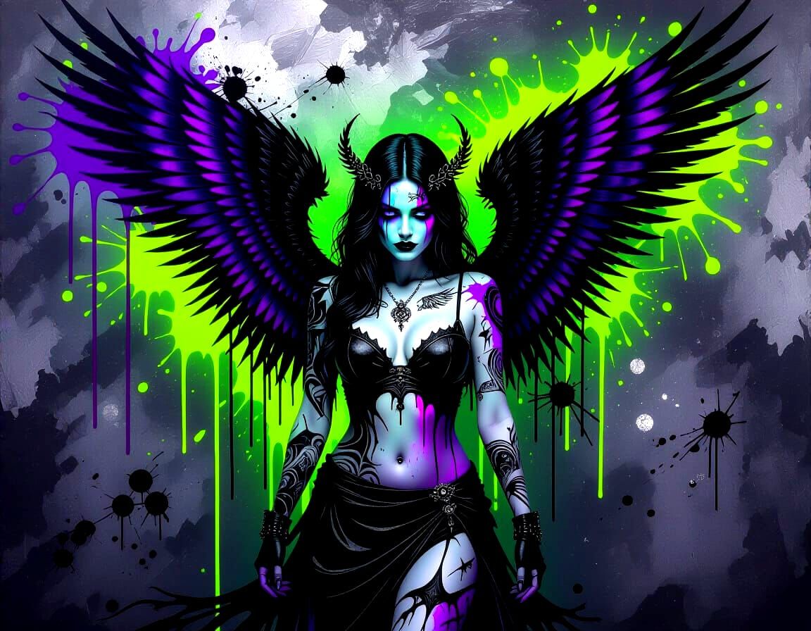 Fallen Gothic Angel in Neon Splatter Art