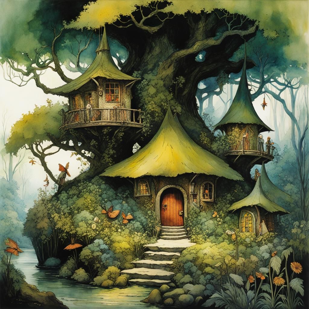 Verdant Fairy Village with Lush Gardens in Watercolor