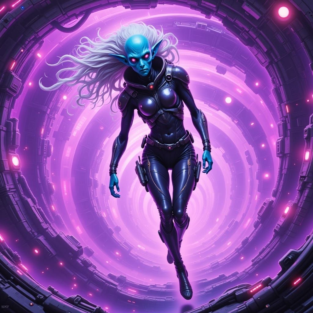 Humanoid Alien Leaps Through Cosmic Vortex in Futuristic Lan...