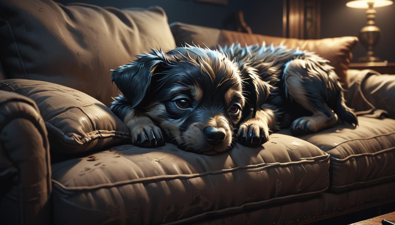 a cute adorable crazy puppy sleeping on the sofa