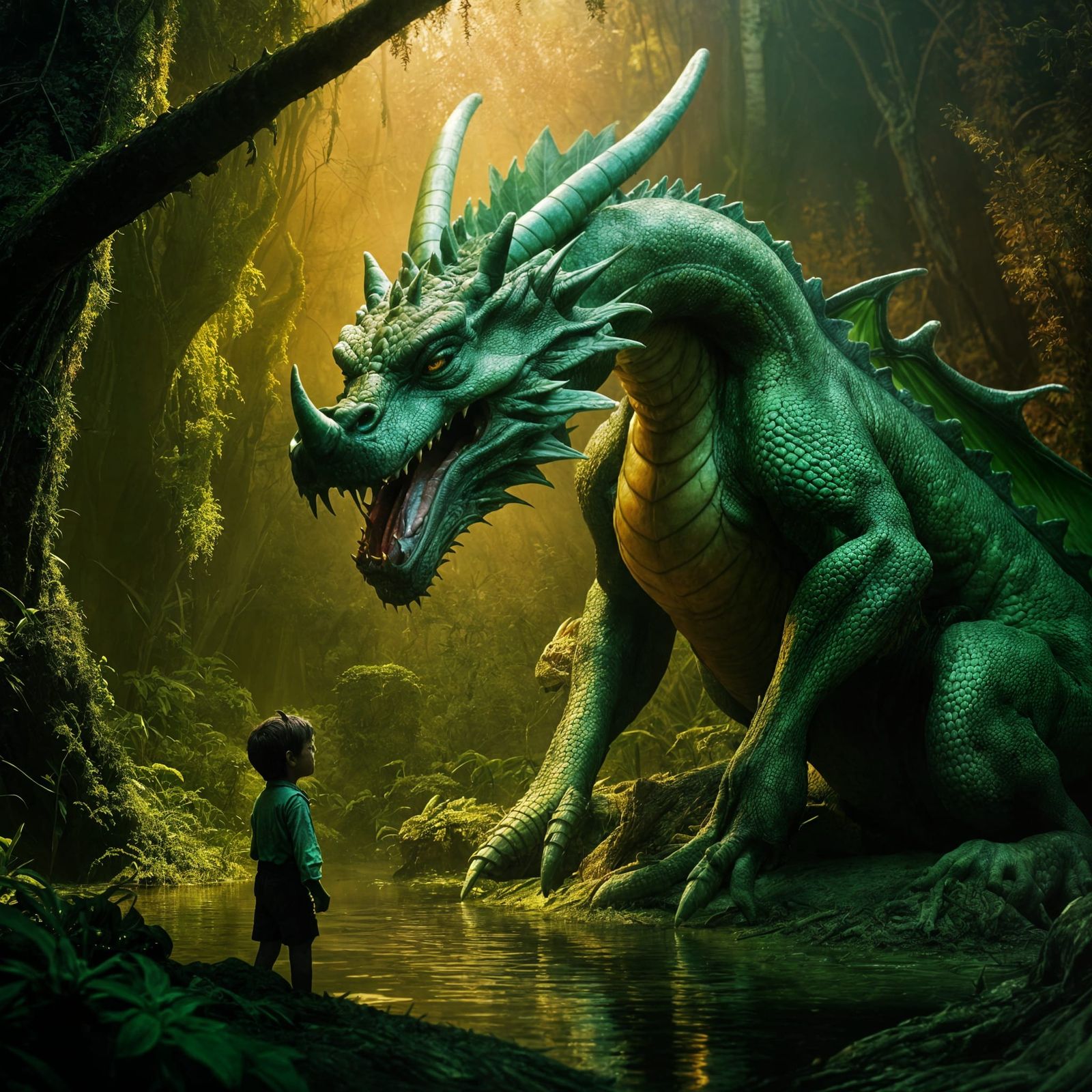 Boy and Dragon Hang Out in Swamp