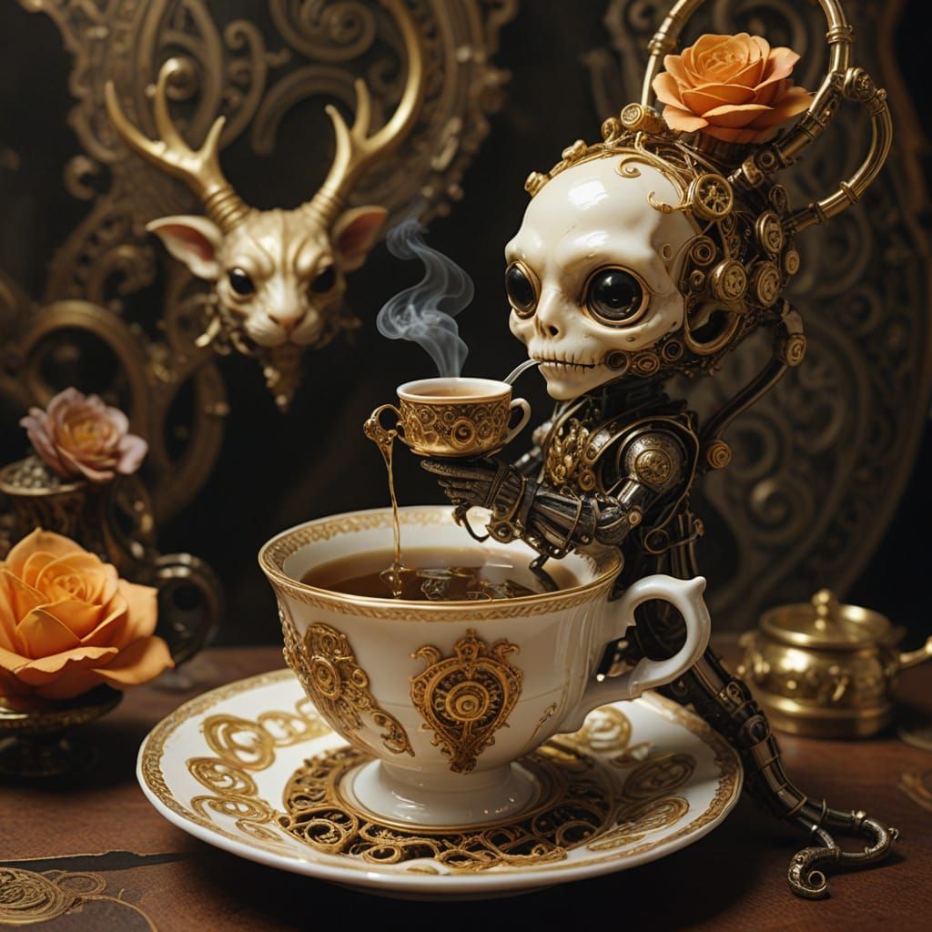 Steampunk Homunculus Tea Party in Alphonse Mucha Style