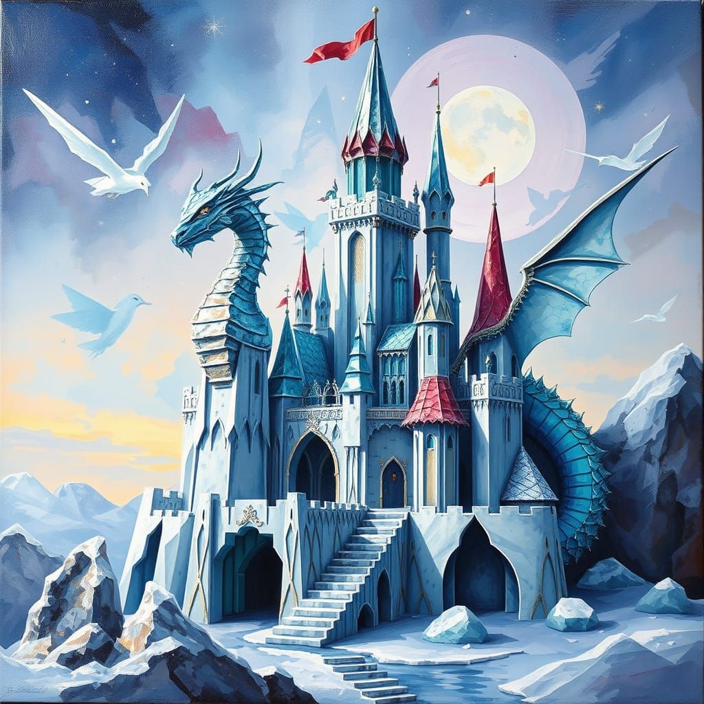 Ice Castle with a Majestic Ice Dragon in Vibrant, Glossy Wat...