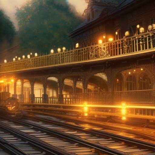 Victorian Steam Train Crossing Bridge Oil Painting