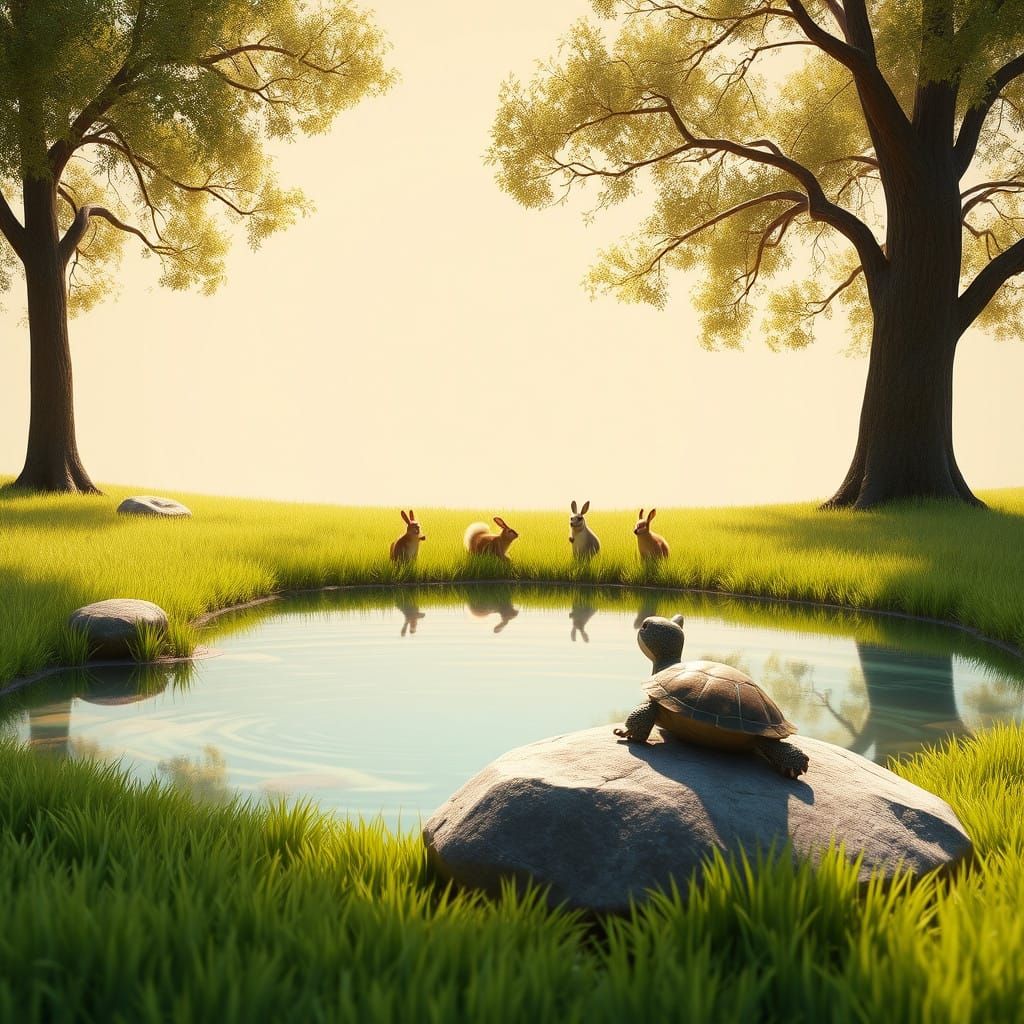 Serenely Reflective Pond Scene in Vibrant 3D Digital Art