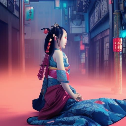 Cyberpunk Oiran in Kimono: A Digital Painting