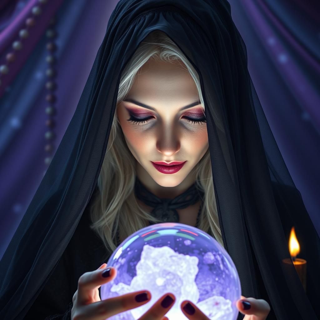 Sorceress Gazing into Crystal Ball in Fantasy Style